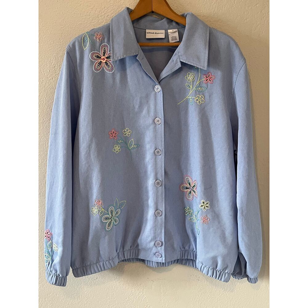 Women's Alfred Dunner Flower Embroidered Blue Button Down Top Jacket Size 16